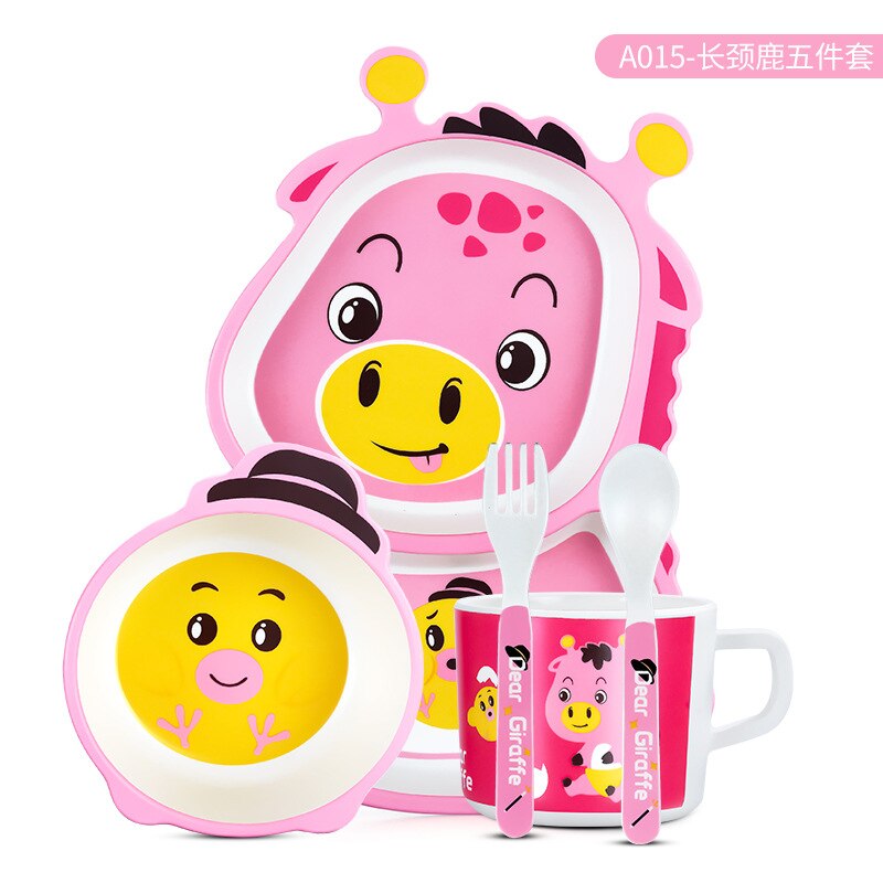 5 Pcs Dinnerware Set Bamboo Fun Flatware Set Cutlery Reusable Flatware with Plate Bowl Cup Spoon Fork Set KidsTableware Box: Pink