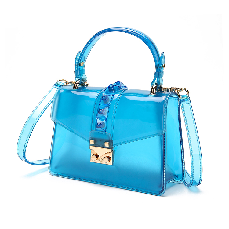 Clear Transparent saddle Bag Women rivet Jelly Bags Purse Panelled Color women Handbags sac a main femme Shoulder Bag: blue