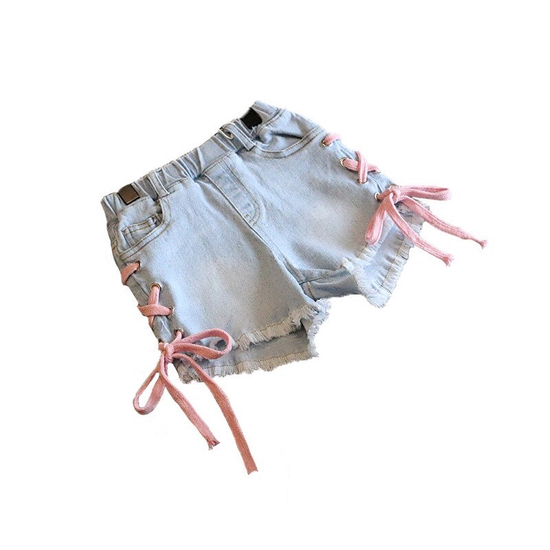 summer children kids clothes denim pants soft cute side contrast color cross strap baby girl shorts jeans
