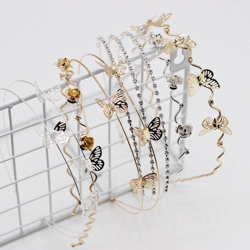 Kvinder dobbelt lag metallegering pandebånd hul sommerfugl blomstret hår bøjle smykker rhinestone bryllup hovedbeklædning