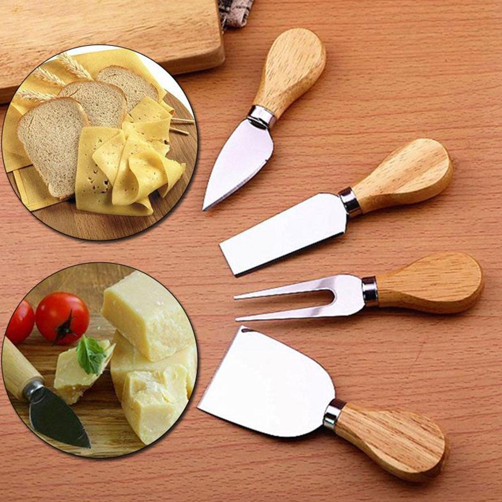 4 Cheese Knives Set Cheese Cutlery Steel Cheese Slicer Handle Knife Cutter Spatula Mini Knife,Butter Wood U5N7