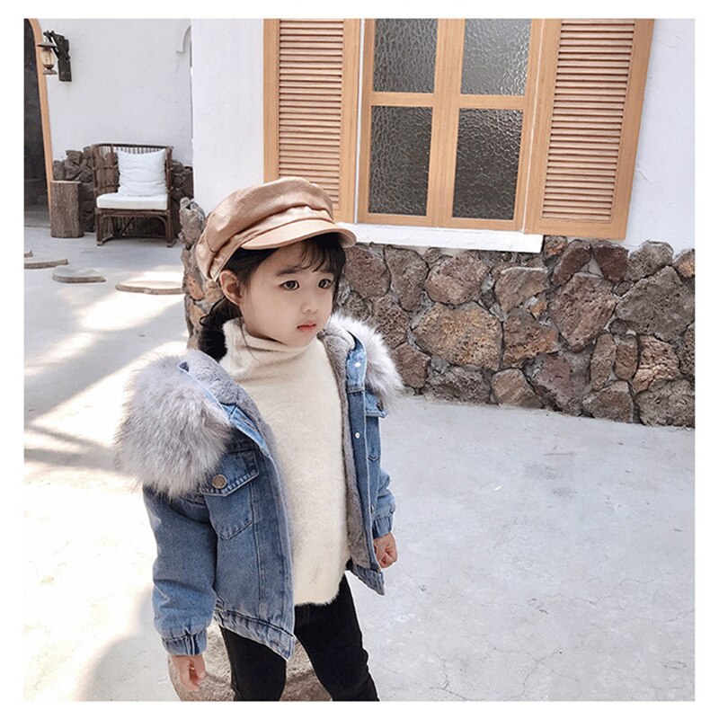 Baby Winter Jas Bontkraag Denim Jas Voor Peuter Jongens Meisjes Mode Warme Katoenen Jas Voor Kinderen Kinderen Dikker Kleding