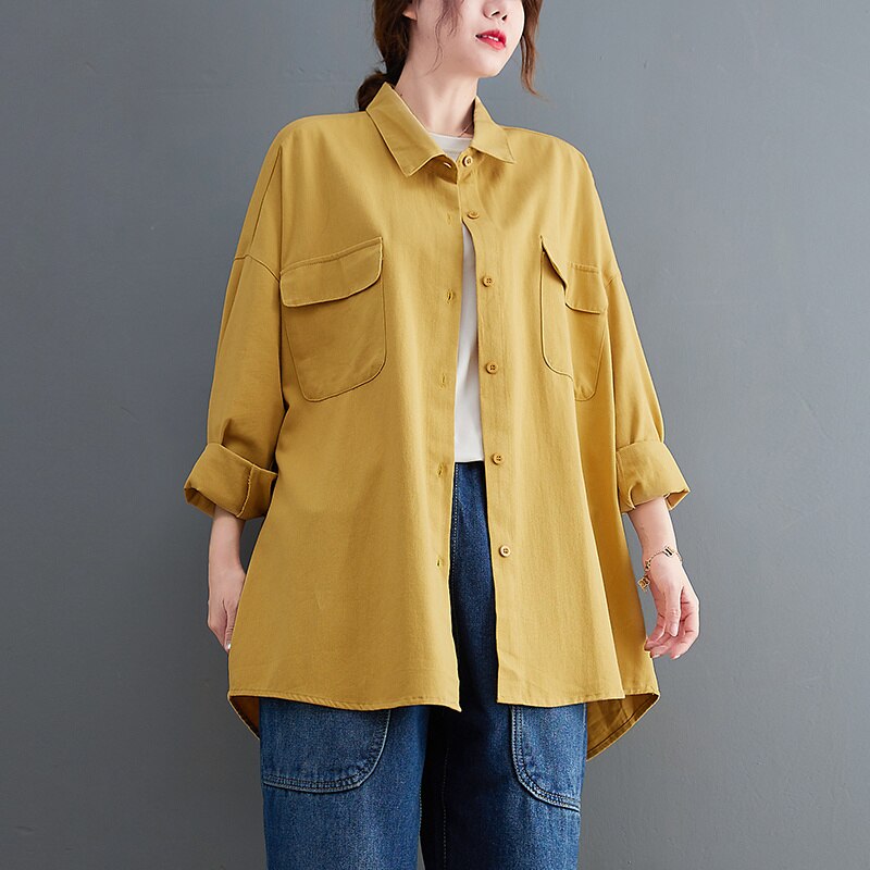 Camisa holgada de algodón de estilo chino para mujer, camisa de manga larga con botonadura única, blusas Vintage para mujer, Tops caqui, amarillo y marrón #9165: Yellow / XXL(85-100kg)