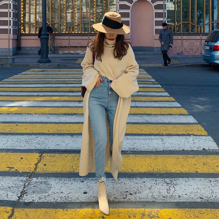 Suéter de cuello alto de punto para mujer, jerséis largos de otoño e invierno, jerséis partidos de calle, ropa holgada para mujer