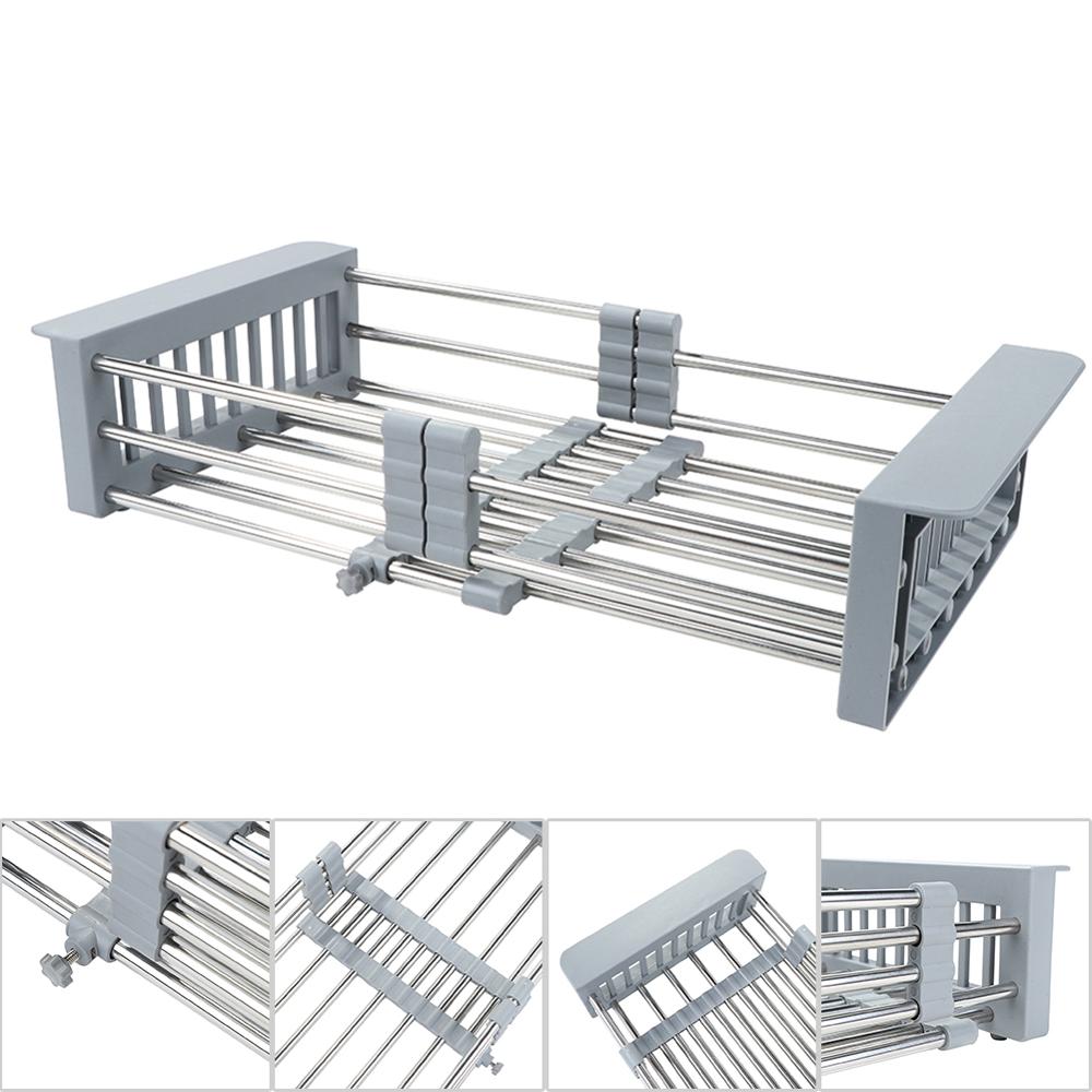 Stainless Steel Adjustable Telescopic Kitchen Over Sink Dish Drying Rack Insert Storage Organizer Fruit Vegetable Tray Drainer