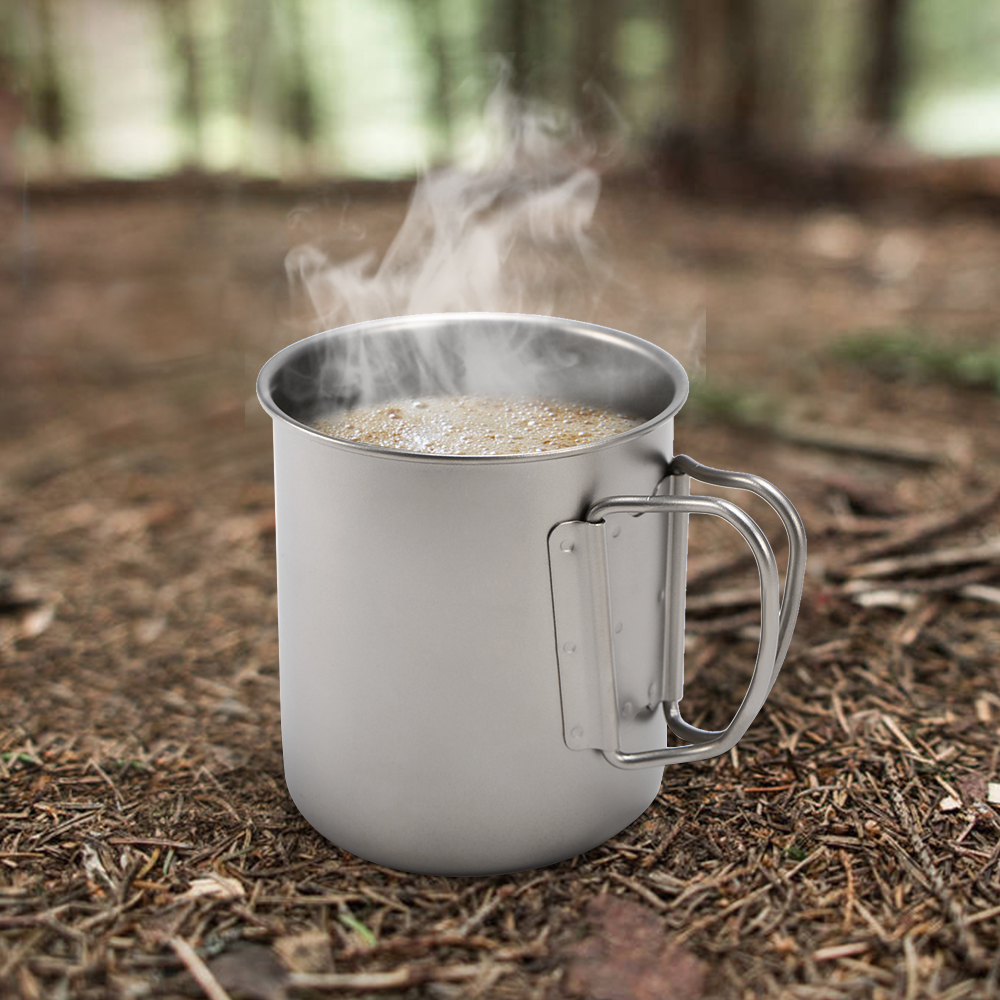 Taza de titanio ultraligera para acampar, taza portátil para exteriores, taza de agua para Picnic de Camping con mango plegable, utensilios de cocina para senderismo