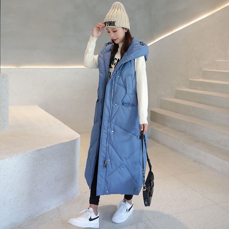 Vinter dame dun bomuldsvest lang sektion kvinders koreansk version af løs varm vest hættejakke til kvinder: Blå / Xl