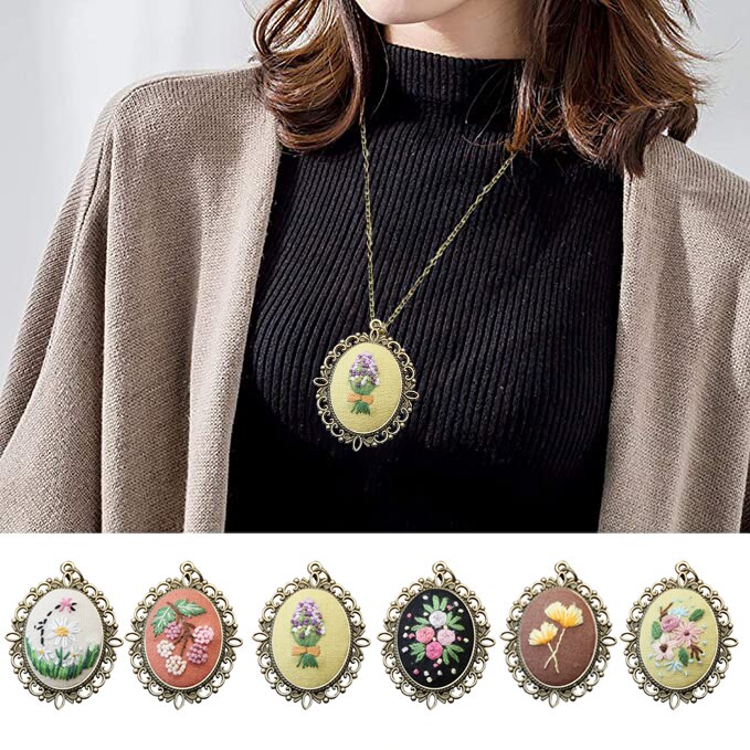 Beginner Embroidery Kit Hand Sewing Stitching Pendants Necklace DIY Cross Stitch Ornament Tool