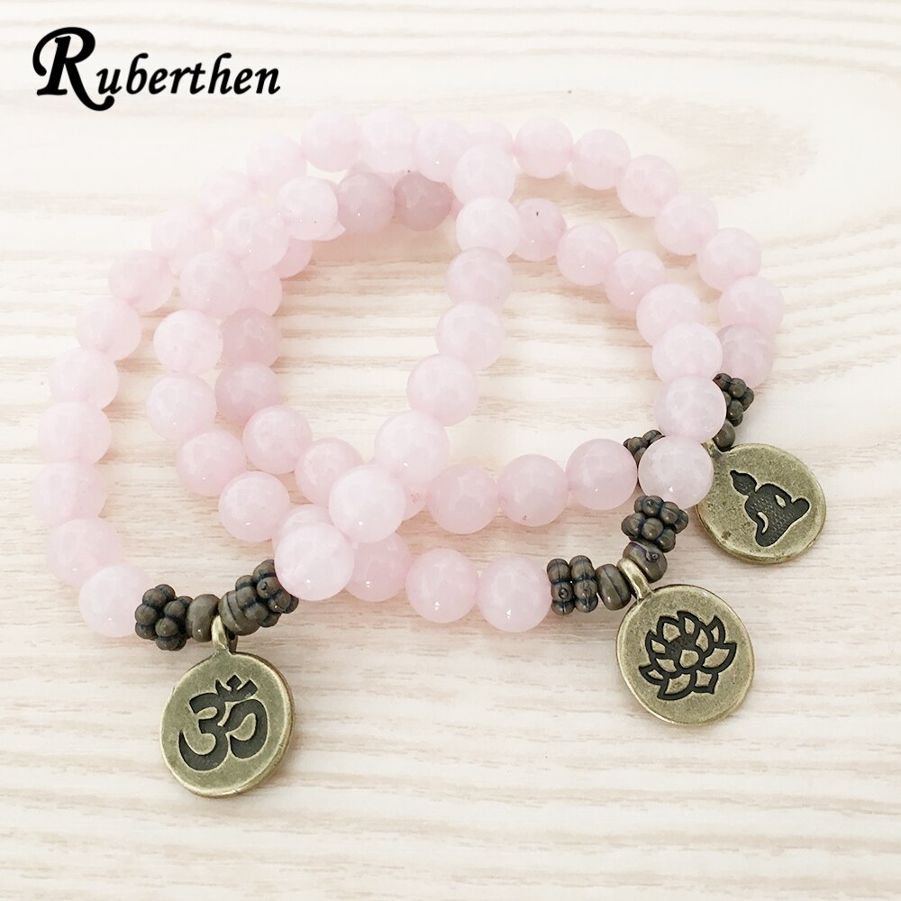 Ruberthen Genuine Natural Rose Stone Bracelet Antique Brass Om Lotus Charm Bracelet Yogi