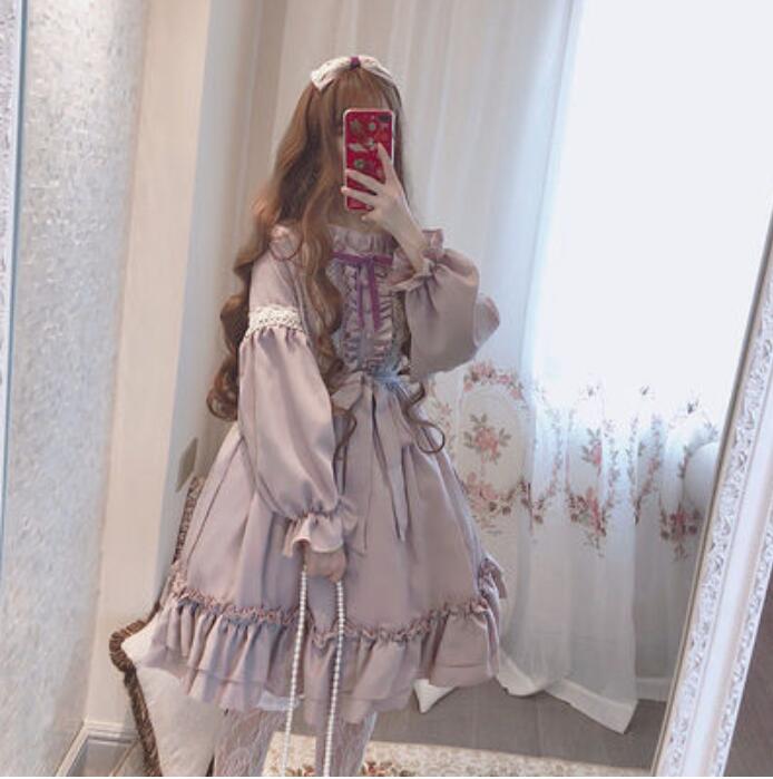 Moda feminina doce lolita lolita roupas kawaii vestido bonito estilo japonês lolita plissado vestido vintage manga sopro doce lavanda: Long Sleeve