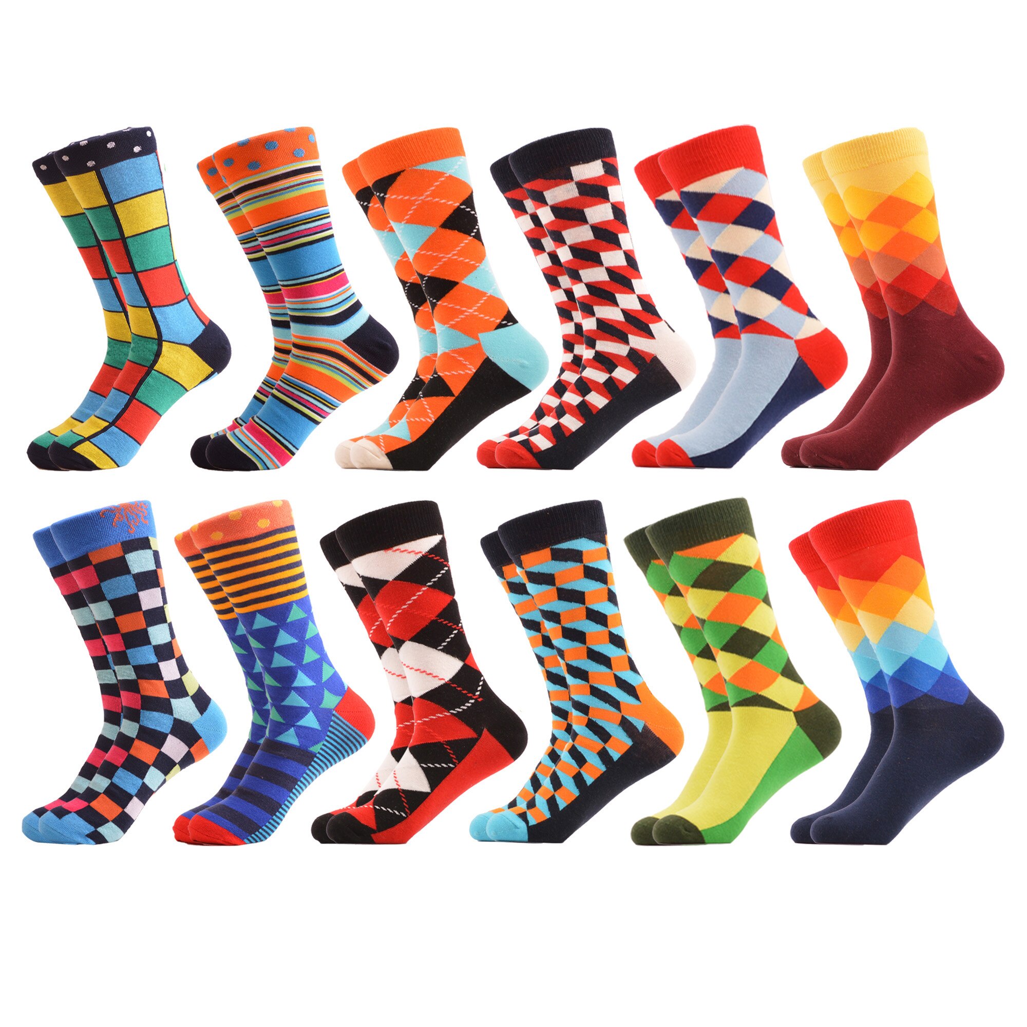 SANZETTI-chaussettes pour hommes, style Hip Hop, en coton peigné, haute couleur, nouveauté, Skateboard, motif géométrique, motif Harajuku,: 06369 (12 pairs)
