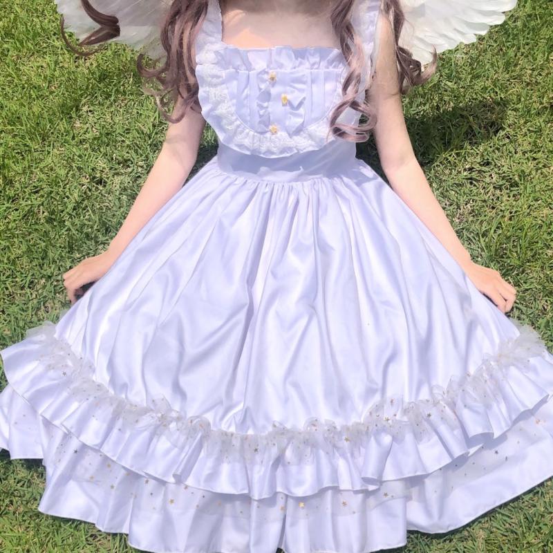 Lolita kall stjärna vatten måne lolita mjuk syster stil japansk söt jsk hängsel klänning kawaii söt tjej sommar: Vit