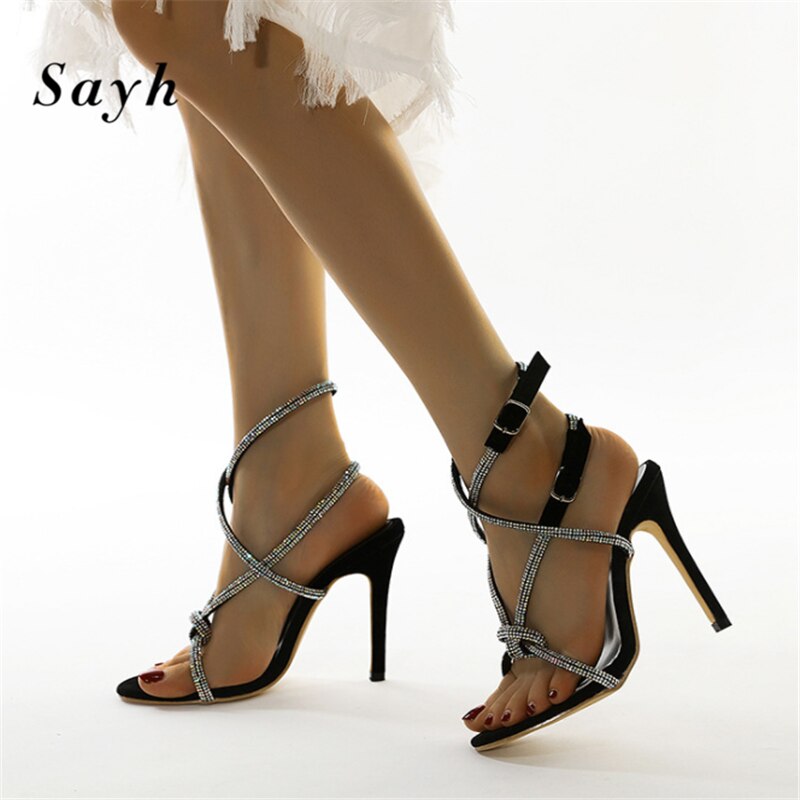 Zapatos de tacón alto de 12CM, sandalias a la brillantes con punta abierta para mujer, zapatos de tacón con diamantes de cristal relucientes, zapatos y vestido de novia para fiestas y bodas