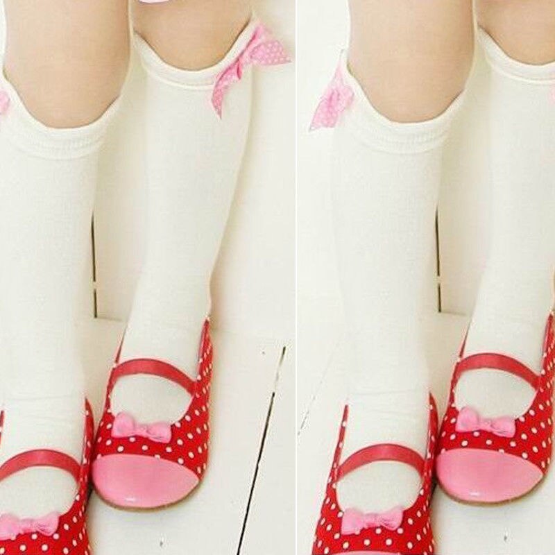 Lovely Girls Kids Toddler Bow Knee High Socks Colours Silk Bow 1 to 8 years: White