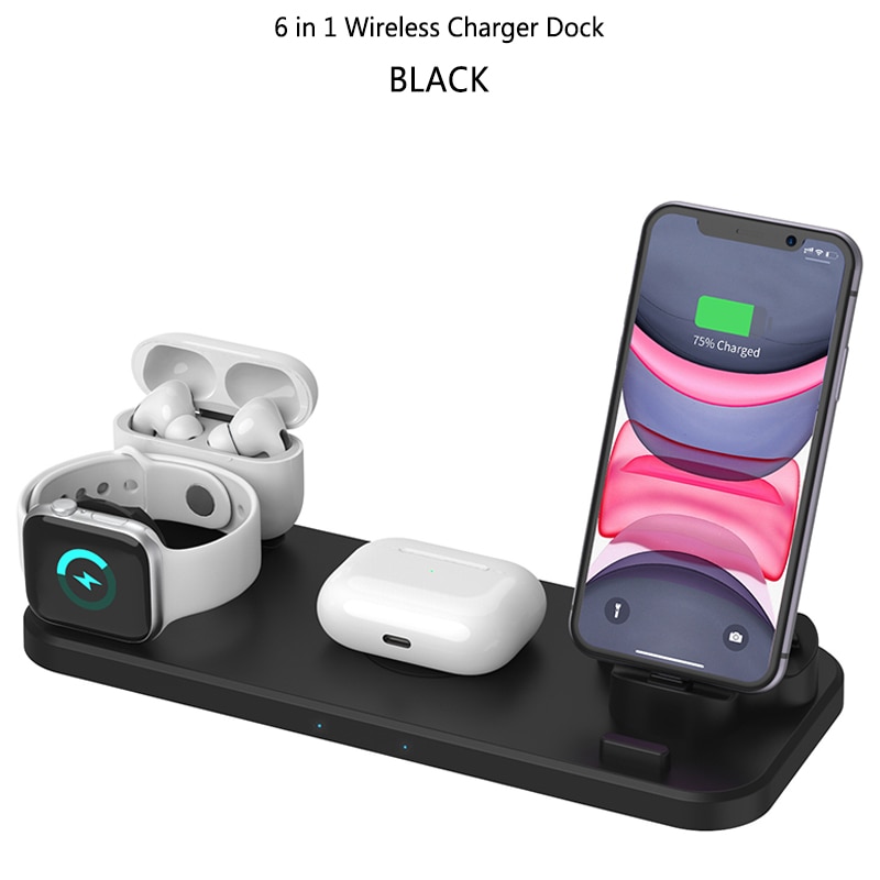 6 in 1 Wireless Charger Stand Mobile Phone Quick Charge Dock Micro USB Type-C for iPhone iWatch 5 4 3 Airpods Wireless Charging: 6in1 Black