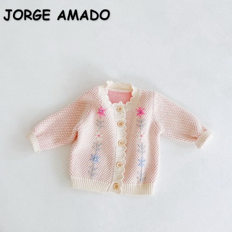 Pull à manches longues rose pour bébé fille, manteau brodé de fleurs au point ouvert, vêtements pour enfants, printemps , E3022