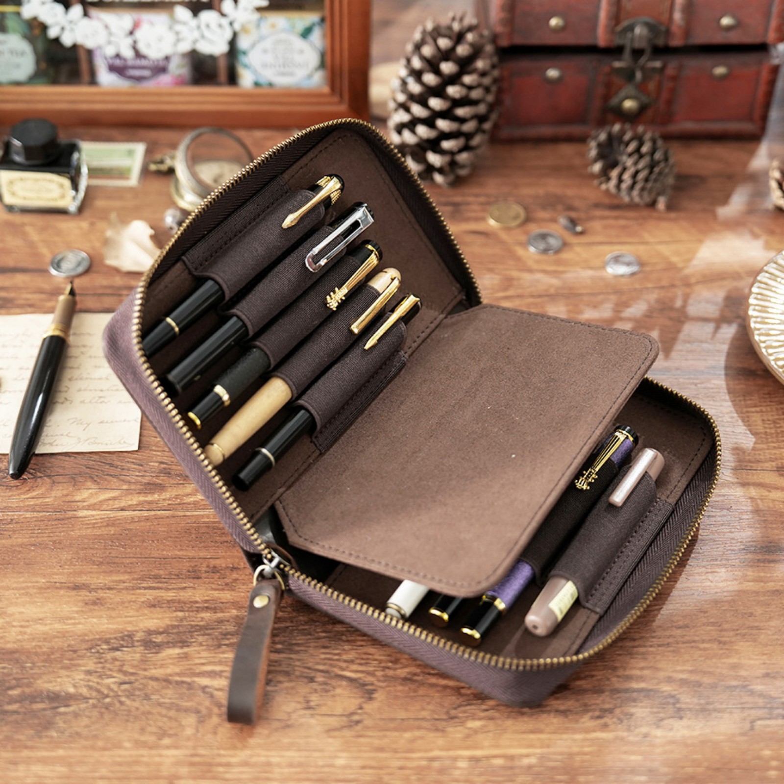 etui na długopisy i pióra wieczne z prawdziwej skóry z przegródkami, duża pojemna torba na długopisy i ołówki na 10 długopisów, dla uczniów, na artykuły papiernicze.