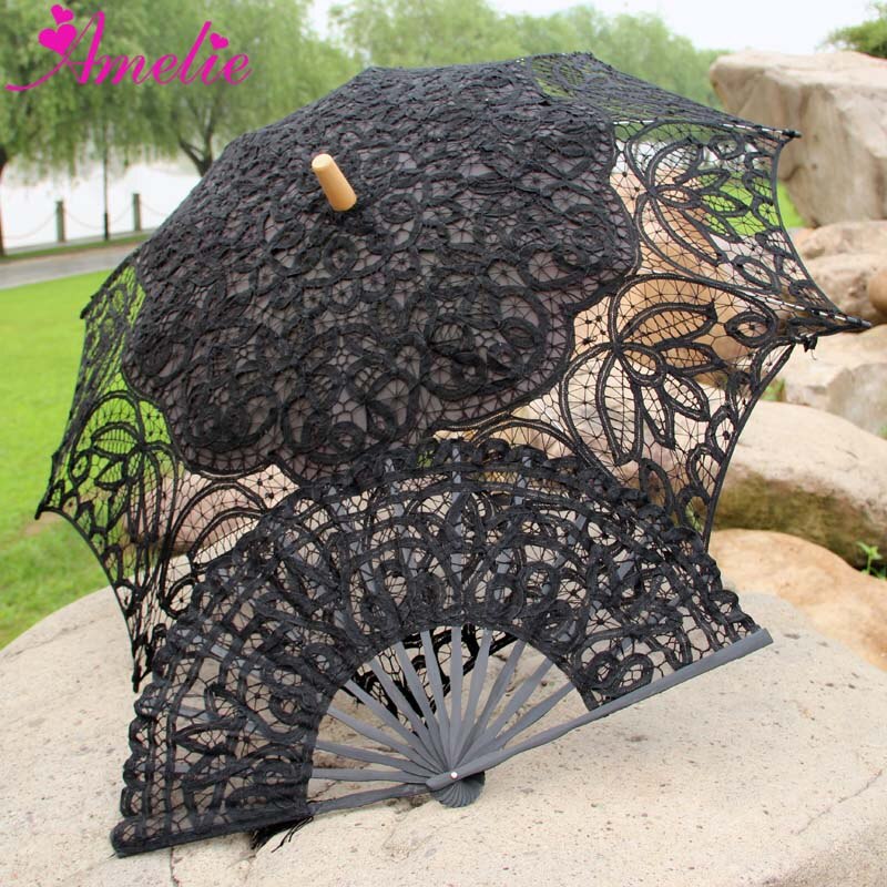 Handgemachte Braut Battenburg Spitze Sonnenschirm und Fan einstellen Hochzeit Braut Regenschirm: A0104 Schwarz