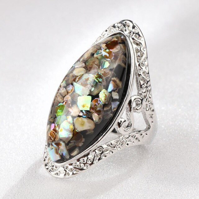 Kinel-Anillos ovalados grandes de plata tibetana para mujer, joyería Vintage, estilo bohemio, para vacaciones en la playa, color verde: 10 / Negro