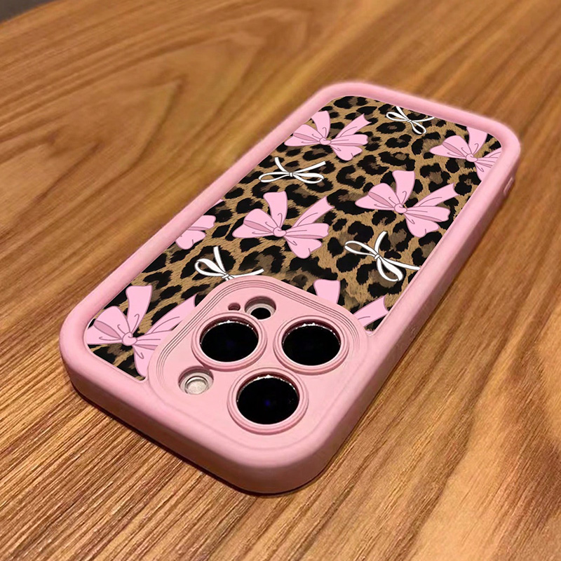 Para iPhone 15 funda con lazo rosa y estampado de leopardo para iPhone 11 12 13 14 16 Pro Max XS X XR 7 8 Plus SE 2022