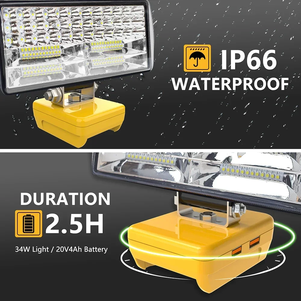 8 tommer led-arbejdslampe til bil, lommelygte, elektrisk lommelygte, spotlight til dewalt dcb 206 dcb 606 18v 20v 60v li-ion-batteri, usb-powerbank