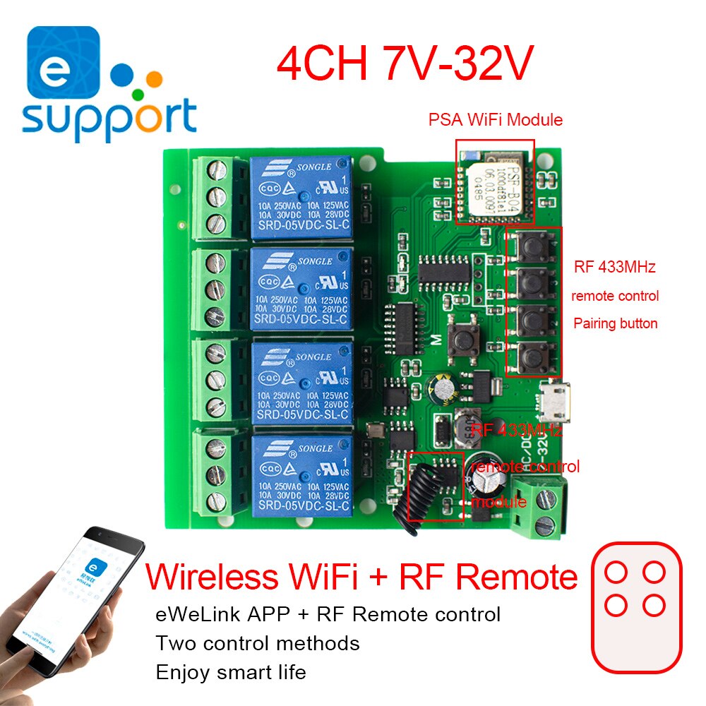 Ewelink Smart Afstandsbediening Wifi Draadloze Schakelaar Module 1CH/4CH DC5V 12V 32V 220V Tippen Zelf-Vergrendeling Rf Ontvangen 10A Relais: 4ch DC7-32V WIFI RF