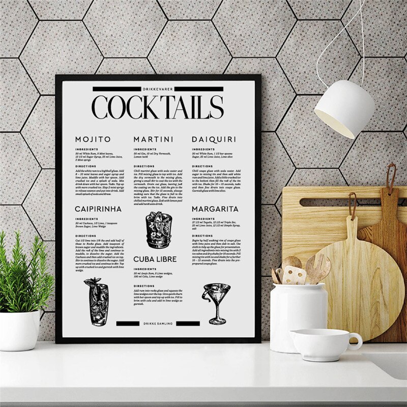 Handtekening Dranken Cocktail Poster Nordic Wall Art Print Cocktail Poster Wijn Winkelwagen Art Dorm Decoraties Retro Poster Kraftpapier