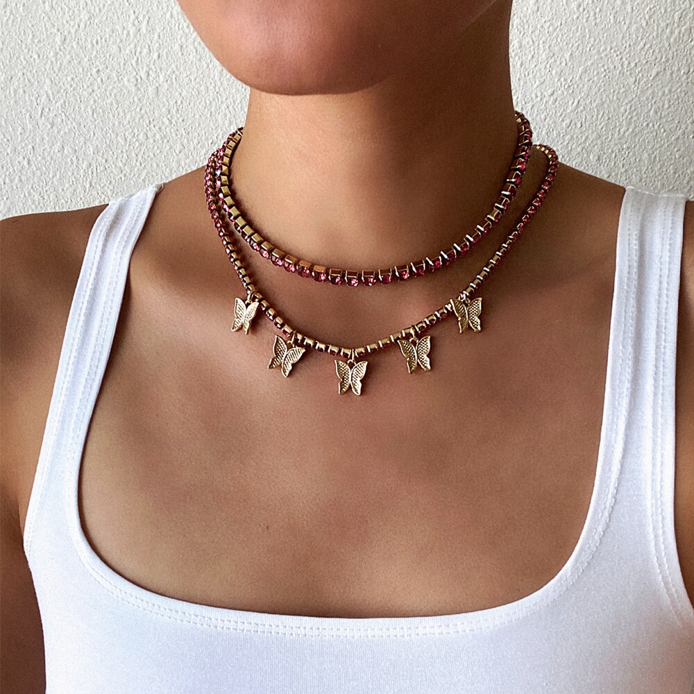 Rhinestone Butterfly necklace set charms crystal choker necklace for women Tennis Chain Trendy Luxury jewelry