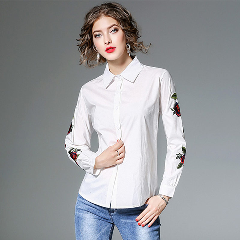 Willstage, blusa con bordado de rosas, camisas con estampados florales y a rayas para mujer, blusa de manga larga, ropa blanca, novedad de otoño , Tops femeninos: Blanco / L