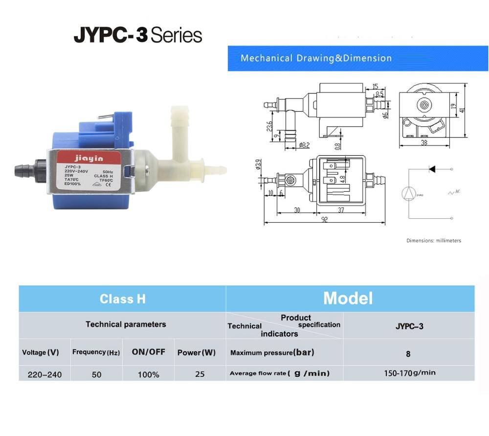 Jiayin JYPC-3 AC 230V 25W 8bar Electromagnetic Pump Water Solenoid Pump for Steam Mop/ Coffee Machine /Smoke equipment,etc