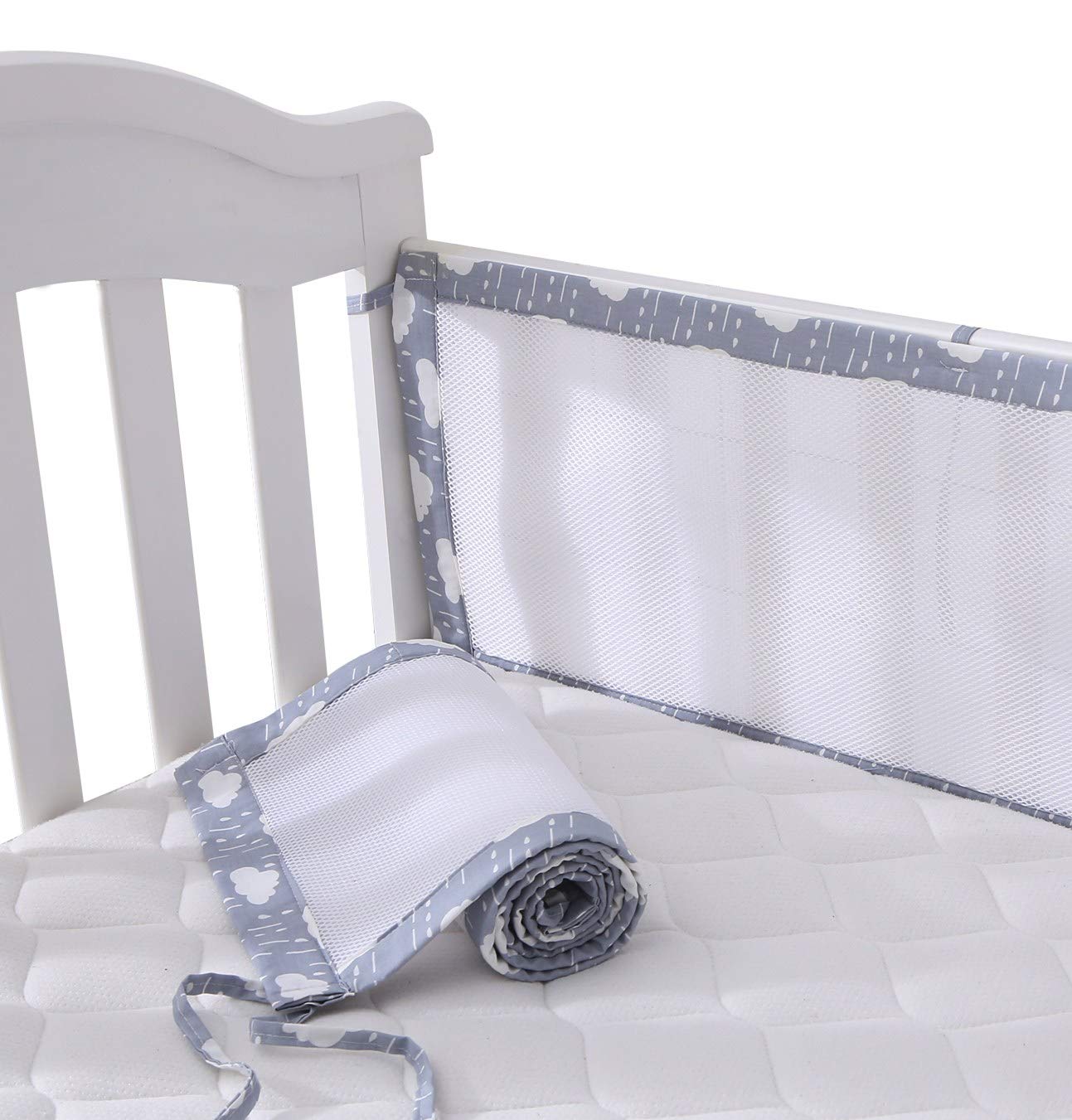 2Pcs Upgrade Lange Banden Mini Mesh Wieg Bumpers Ademend Voor Jongens Meisje Veilig Pads Voor Standaard Baby Crib Liner classic Grey Sterren