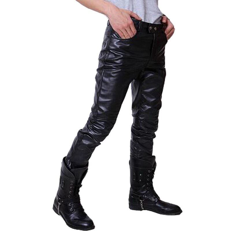 Hip Hop Mens Leather Pants Faux Leather Pu Material 3 Colors Motorcycle Skinny Faux Leather Casual Pants