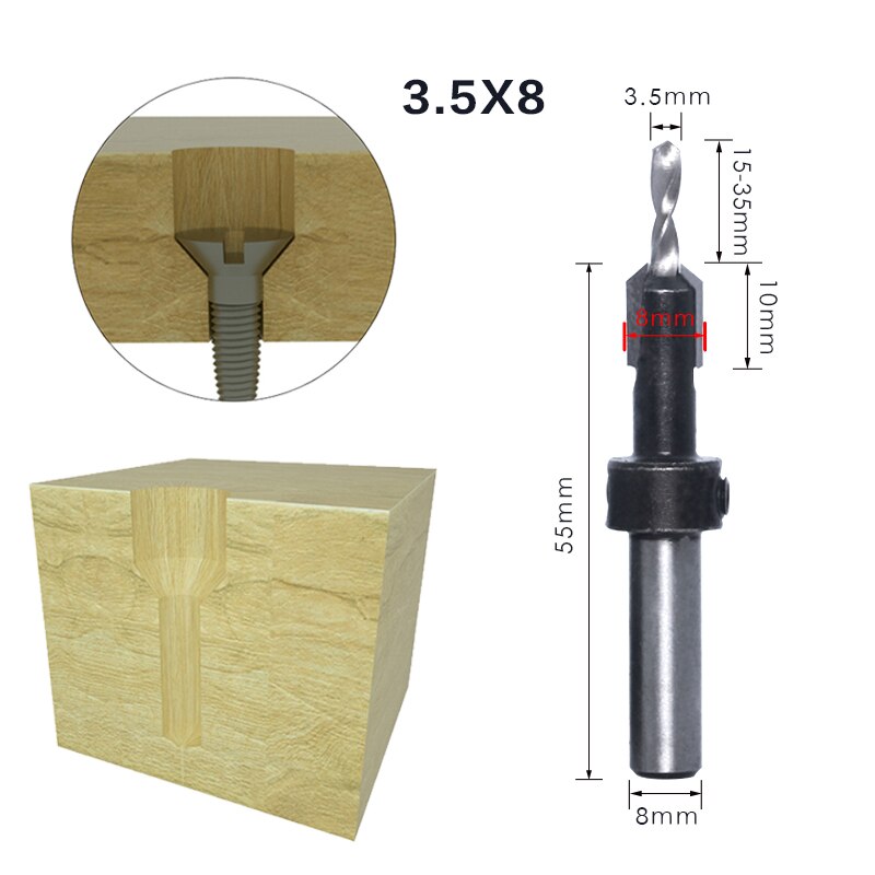 1Pcs 8Mm 10Mm Shank Hss Houtbewerking Countersink Router Bit Set Tapeinduithalerset Remon Sloop Voor Hout Frezen cutter: 8mmShank 3.5mmX8mm