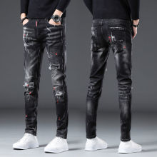 Korea Versie Heren Noble Black Ripped Jeans, Stijlvolle Slim Stretch Jeans, licht Luxe Splash Inkt Print Jeans,Sexy Straat Jeans;