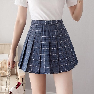 Girls plaid short dress high waist pleated tennis skirt uniform underwear shorts tennis badminton skirt: Blue / XS