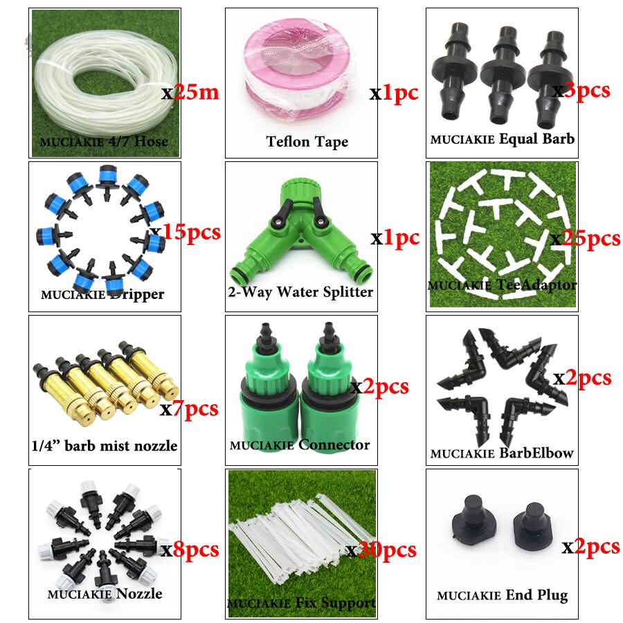 MUCIAKIE 40M to 10M Garden Water Plant Irrigation System Planter Dripper Kit Drip Line Set with 1/4'' PVC Hose Sprinklers: 25mxAB524C