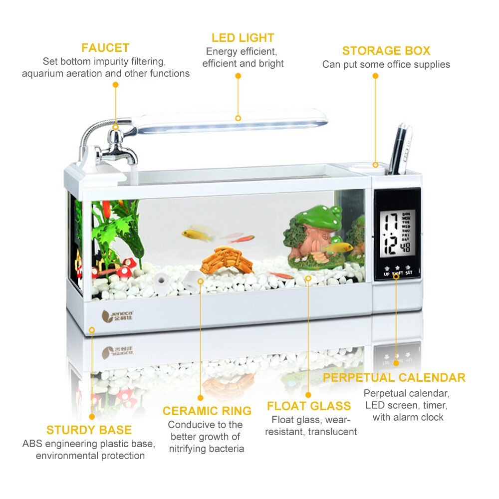 Mini Betta Fish Tanks Aquarium LED Lighting Fish Tank with Pen Holder LCD Display Screen and Clock Mini Aquarium Pecera