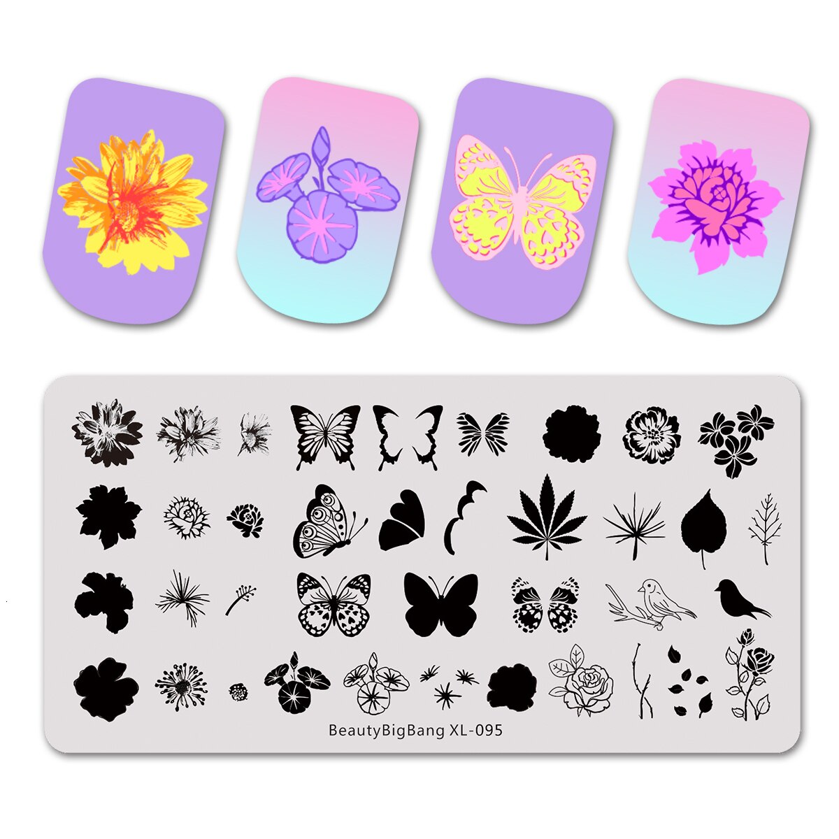 BEAUTYBIGBANG-placas de estampado para manicura Floral, plantillas rectangulares de flores y plantas de línea a rayas, con temática Floral, DIY, herramientas para uñas, 6x12cm: BBB-095