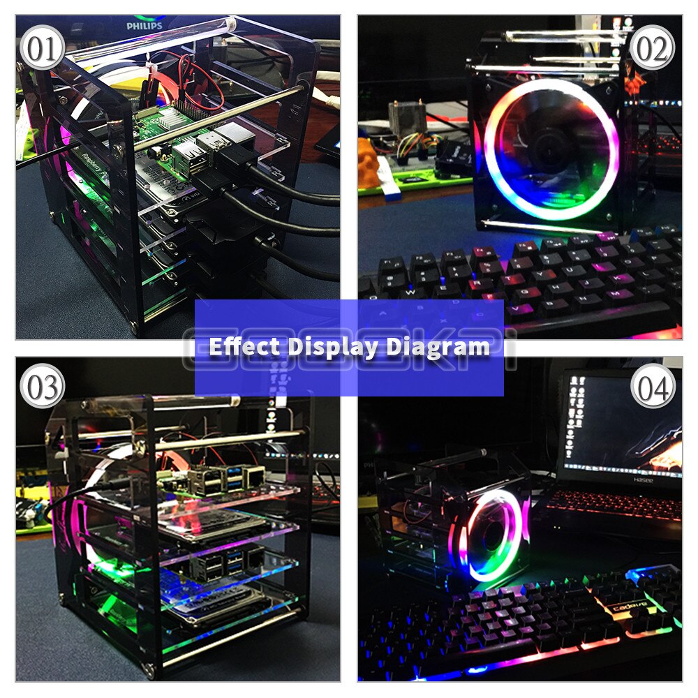 GeeekPi Rack Tower 4 Layer Acrylic Cluster Case Large Cooling Fan LED RGB Light for Raspberry Pi 4 B / 3 B + / 3 B / Jetson Nano