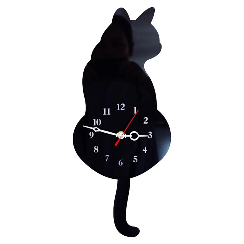 3D Cute Cat Wall Clock Wag Tail Silence Home Decoration Kids Black