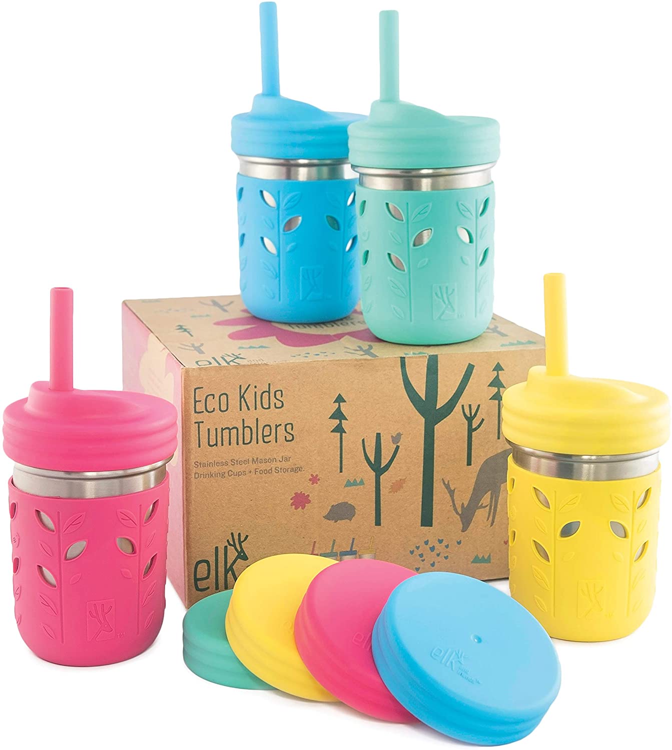 Stainless Steel Cups Mason Jar 10oz Kids Drinking Cups with Silicone Sleeves & Straws Leakproof Stopper Sippy Smoothie Mugs