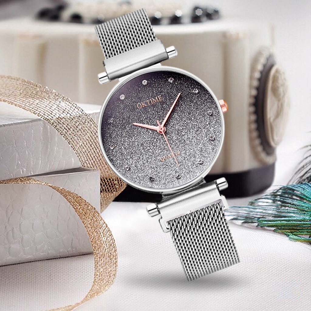 Vrouwen Horloge Armband Zilver Roestvrij Staal Sterrenhemel Magnetische Mesh Band Vrouwen Quartz Diamond Horloge Luxe Horloges
