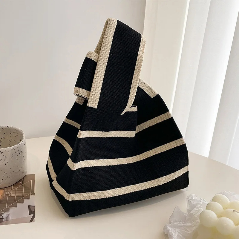 Bolso pequeño tejido hecho a mano para mujer, bolso de muñeca informal, bolso de compras a rayas anchas, Mini bolso de hombro reutilizable para estudiante, 1 ud.