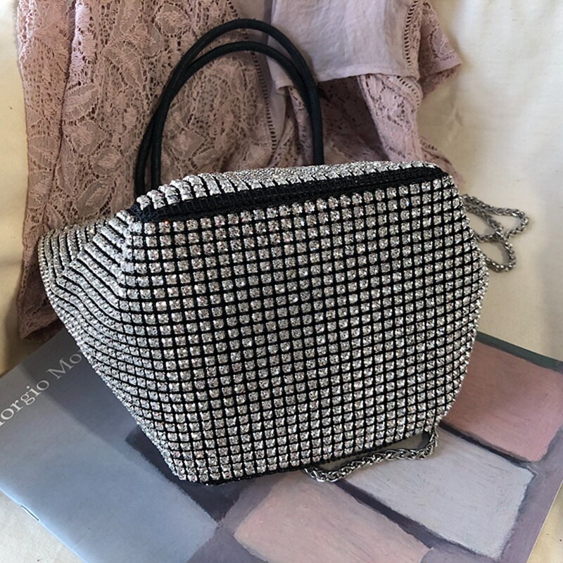 Handtas met strass-steentjes, diagonale ketting, bling, vrouwelijk, modieuze tas, avondtas, feesttas, vol met diamanten, zilveren kralen