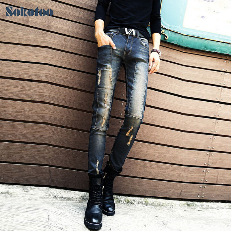 Sokotoo mænds huller patch ripped skinny jeans mandlige slim denim pencil bukser koreansk stil lange bukser