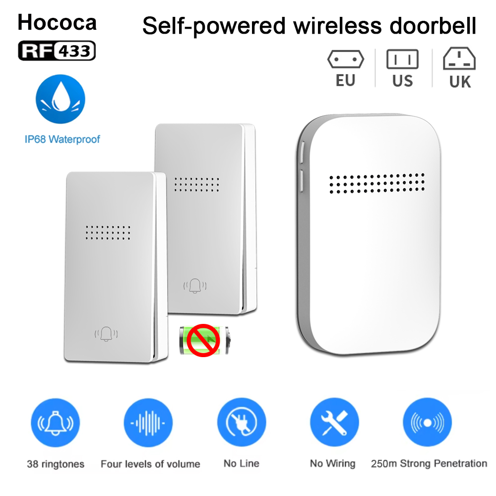 Luminous Small-Sized No Battery Self Powered Wireless Doorbell Outdoor Waterproof US/EU/UK Plug Remote Control Kinetic Door Bell
