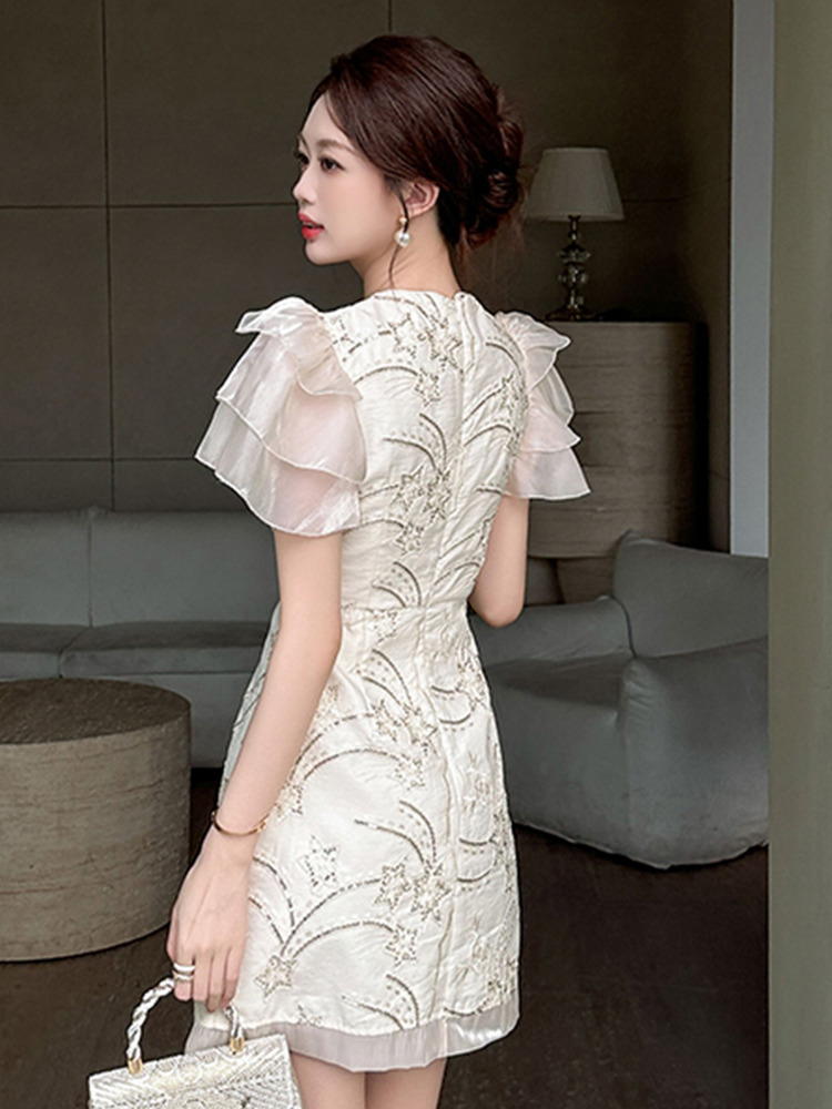 Vestido curto de lantejoulas bordado feminino babados, vestido de noite elegante, manga bolha, vestido de festa, data e banquete, moda