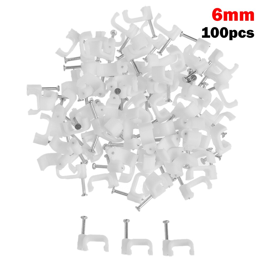 100Pcs Vierkant Wit Kabel Clips 4Mm-14Mm Met Vaststelling Stalen Nagels Multipurpose Wire Montage Bevestigingsklem sluiting Hardware: 6mm