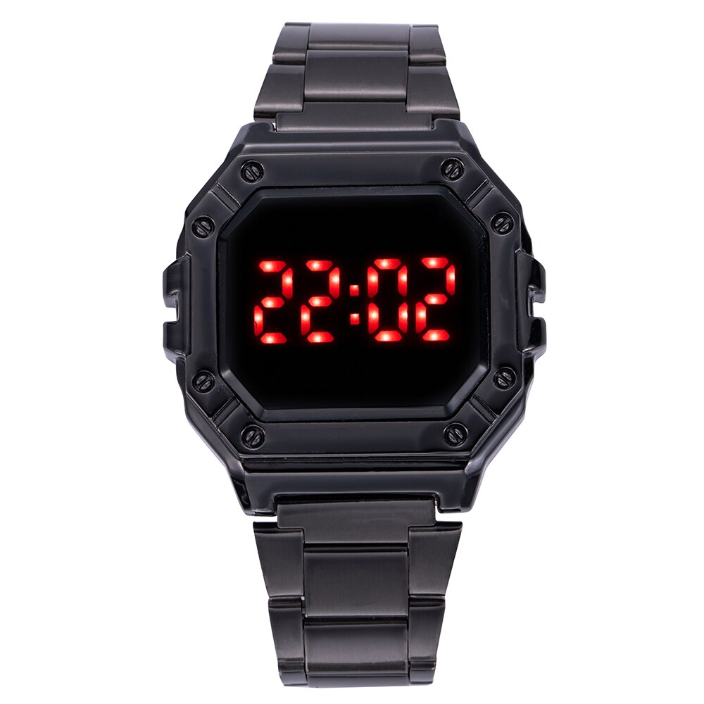 Digital Watch Women Men Unisex Luxury Stainless Steel Strap Wrist Watches Womens Alloy Dial Women&#39;s Electronic Clock Reloj Mujer: Black