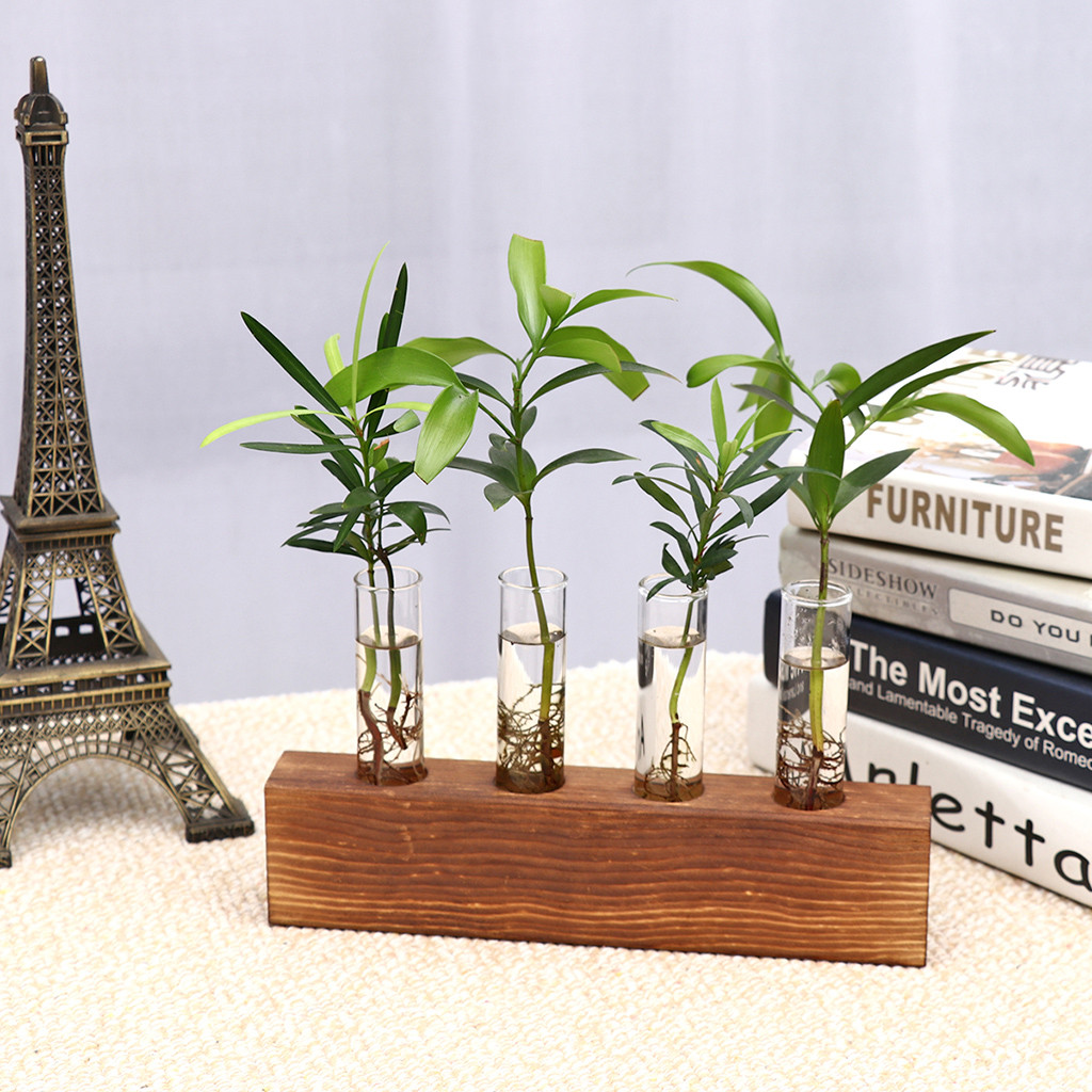 Hydrocultuur Vaas Plant Glazen buis Creatieve Hydrocultuur Plant Transparante Vaas Houten Frame Koffie Shop Room Decor Desk Decoratie